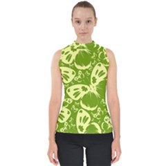 Butterflies Pattern Background Green Decoration Repeating Style Sketch Mock Neck Shell Top by fashionpod