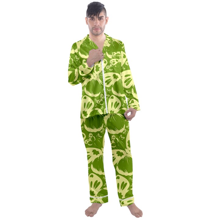 Butterflies Pattern Background Green Decoration Repeating Style Sketch Men s Satin Pajamas Long Pants Set