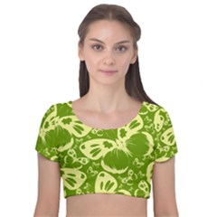 Butterflies Pattern Background Green Decoration Repeating Style Sketch Velvet Short Sleeve Crop Top  by fashionpod