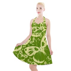 Butterflies Pattern Background Green Decoration Repeating Style Sketch Halter Party Swing Dress  by fashionpod