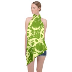 Butterflies Pattern Background Green Decoration Repeating Style Sketch Halter Asymmetric Satin Top by fashionpod