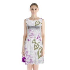 Beautiful Purple Flower Butterflies Pattern Sleeveless Waist Tie Chiffon Dress