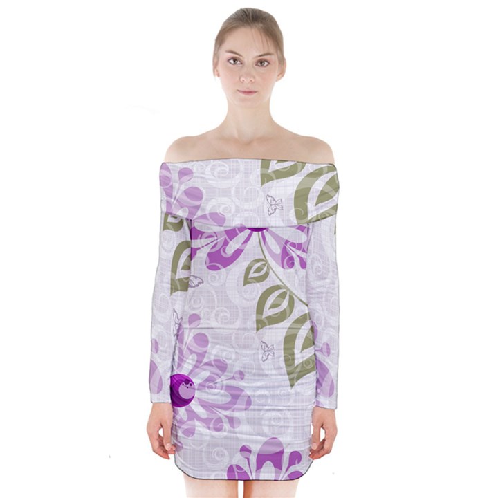 Beautiful Purple Flower Butterflies Pattern Long Sleeve Off Shoulder Dress