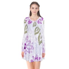 Beautiful Purple Flower Butterflies Pattern Long Sleeve V-neck Flare Dress