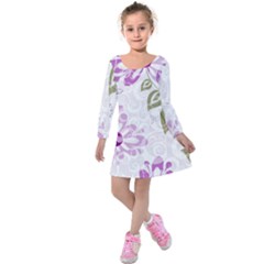 Beautiful Purple Flower Butterflies Pattern Kids  Long Sleeve Velvet Dress