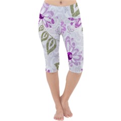 Beautiful Purple Flower Butterflies Pattern Lightweight Velour Cropped Yoga Leggings by fashionpod