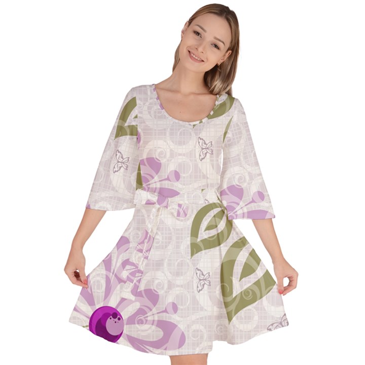 Beautiful Purple Flower Butterflies Pattern Velour Kimono Dress