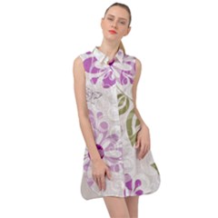 Beautiful Purple Flower Butterflies Pattern Sleeveless Shirt Dress