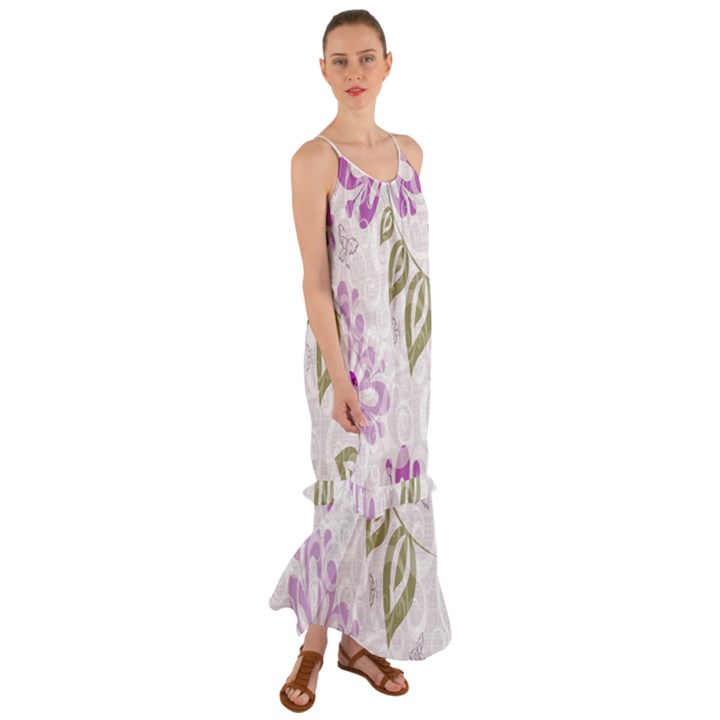 Beautiful Purple Flower Butterflies Pattern Cami Maxi Ruffle Chiffon Dress