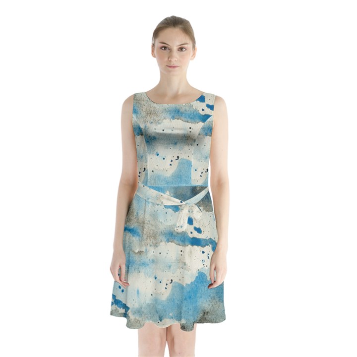 Watercolor Splatter Sleeveless Waist Tie Chiffon Dress