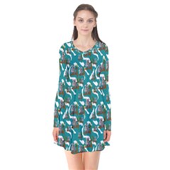 Koala Bears Pattern Long Sleeve V-neck Flare Dress by bloomingvinedesign