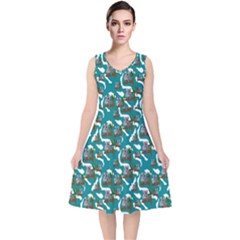 Koala Bears Pattern V-neck Midi Sleeveless Dress  by bloomingvinedesign