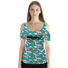 Koala Bears Pattern Butterfly Sleeve Cutout Tee 