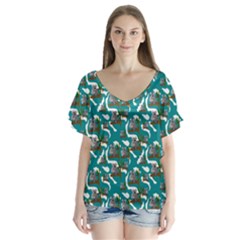 Koala Bears Pattern V-neck Flutter Sleeve Top by bloomingvinedesign