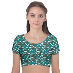 Koala Bears Pattern Velvet Short Sleeve Crop Top  by bloomingvinedesign