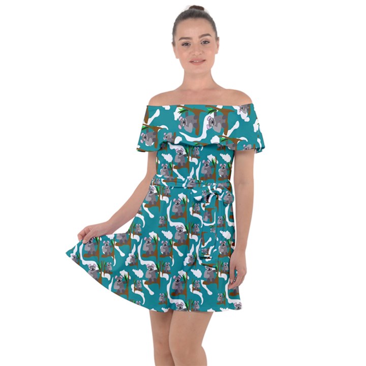 Koala Bears Pattern Off Shoulder Velour Dress