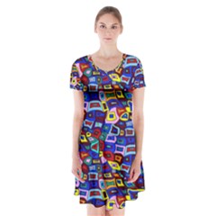 Wavy Squares Pattern Short Sleeve V-neck Flare Dress by bloomingvinedesign