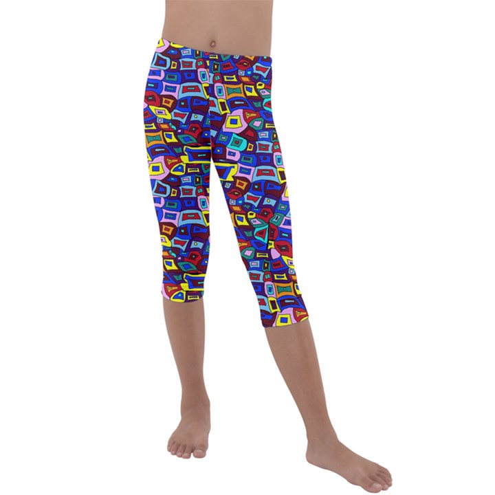 Wavy Squares Pattern Kids  Lightweight Velour Capri Leggings 