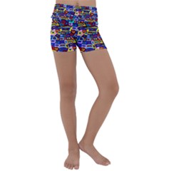 Wavy Squares Pattern Kids  Lightweight Velour Yoga Shorts by bloomingvinedesign