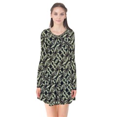 Modern Abstract Camouflage Patttern Long Sleeve V-neck Flare Dress