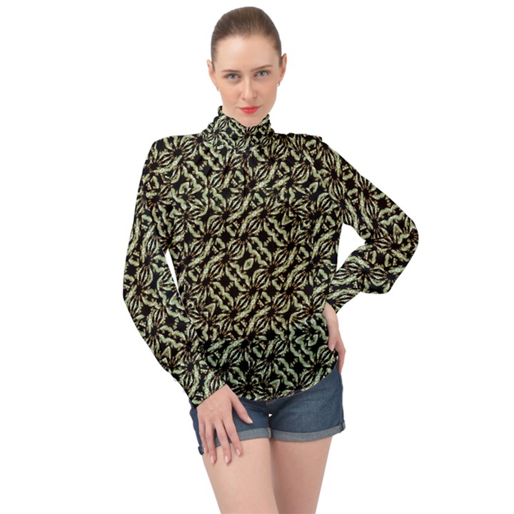 Modern Abstract Camouflage Patttern High Neck Long Sleeve Chiffon Top