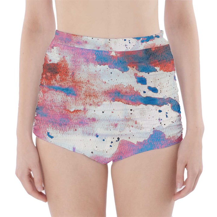 Watercolor Splatter Red/Blue High-Waisted Bikini Bottoms