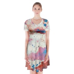 Watercolor Splatter Red/blue Short Sleeve V-neck Flare Dress by blkstudio