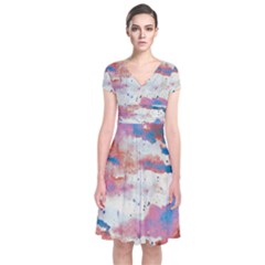 Watercolor Splatter Red/blue Short Sleeve Front Wrap Dress