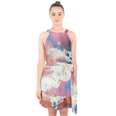 Watercolor Splatter Red/blue Halter Collar Waist Tie Chiffon Dress