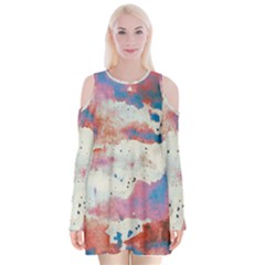 Watercolor Splatter Red/blue Velvet Long Sleeve Shoulder Cutout Dress