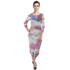 Watercolor Splatter Red/blue Quarter Sleeve Midi Velour Bodycon Dress by blkstudio