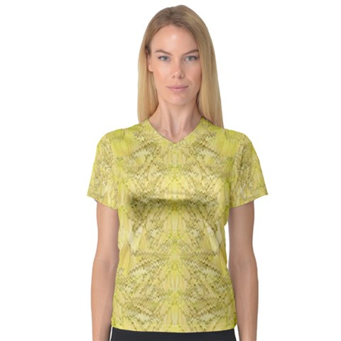 Flowers Decorative Ornate Color Yellow V-neck Sport Mesh Tee by pepitasart