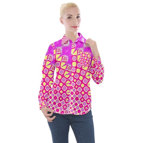 Digital Arts Fractals Futuristic Pink Women s Long Sleeve Pocket Shirt by Pakrebo