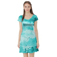 Watercolor Splatter Aqua Short Sleeve Skater Dress by blkstudio