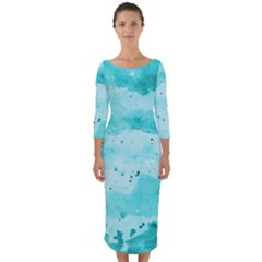 Watercolor Splatter Aqua Quarter Sleeve Midi Bodycon Dress