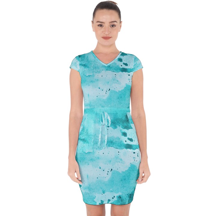 Watercolor Splatter Aqua Capsleeve Drawstring Dress 