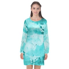 Watercolor Splatter Aqua Long Sleeve Chiffon Shift Dress  by blkstudio