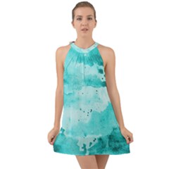 Watercolor Splatter Aqua Halter Tie Back Chiffon Dress