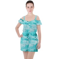 Watercolor Splatter Aqua Ruffle Cut Out Chiffon Playsuit