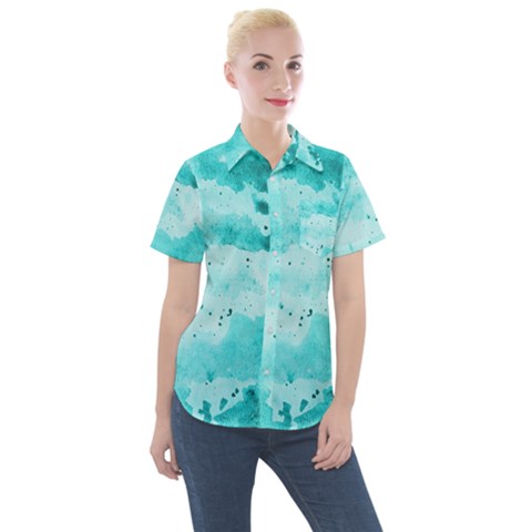 Watercolor Splatter Aqua Women s Short Sleeve Pocket Shirt by blkstudio