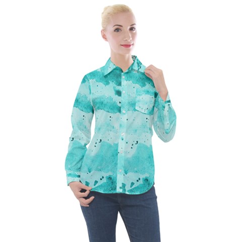 Watercolor Splatter Aqua Women s Long Sleeve Pocket Shirt by blkstudio