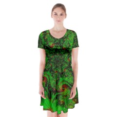 Art Artwork Fractal Digital Art Green Short Sleeve V-neck Flare Dress by Pakrebo