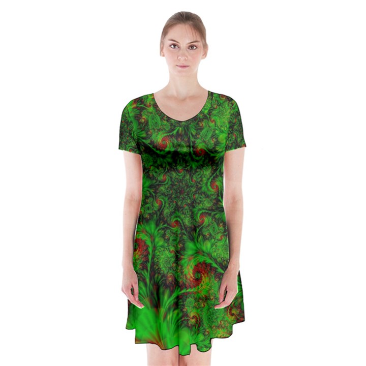 Art Artwork Fractal Digital Art Green Short Sleeve V-neck Flare Dress