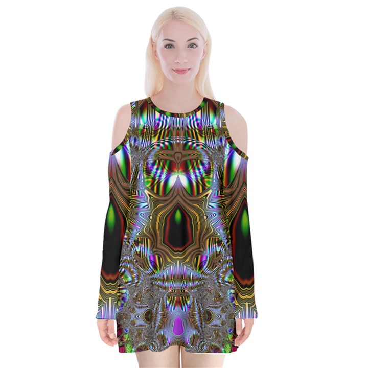 Art Artwork Fractal Digital Art Velvet Long Sleeve Shoulder Cutout Dress