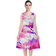 Watercolor Splatter Hot Pink/purple V-neck Midi Sleeveless Dress  by blkstudio