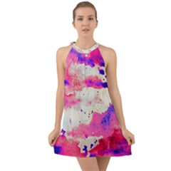 Watercolor Splatter Hot Pink/purple Halter Tie Back Chiffon Dress by blkstudio