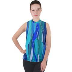 Wavy Blue Mock Neck Chiffon Sleeveless Top by bloomingvinedesign