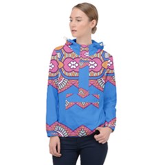 Shapes On A Blue Background                      Women Hooded Front Pocket Windbreaker