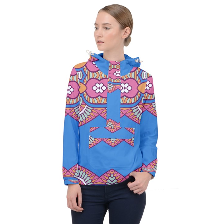 Shapes on a blue background                      Women Hooded Front Pocket Windbreaker