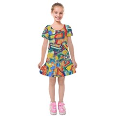 Colorful Painted Shapes                          Kids  Short Sleeve Velvet Dress